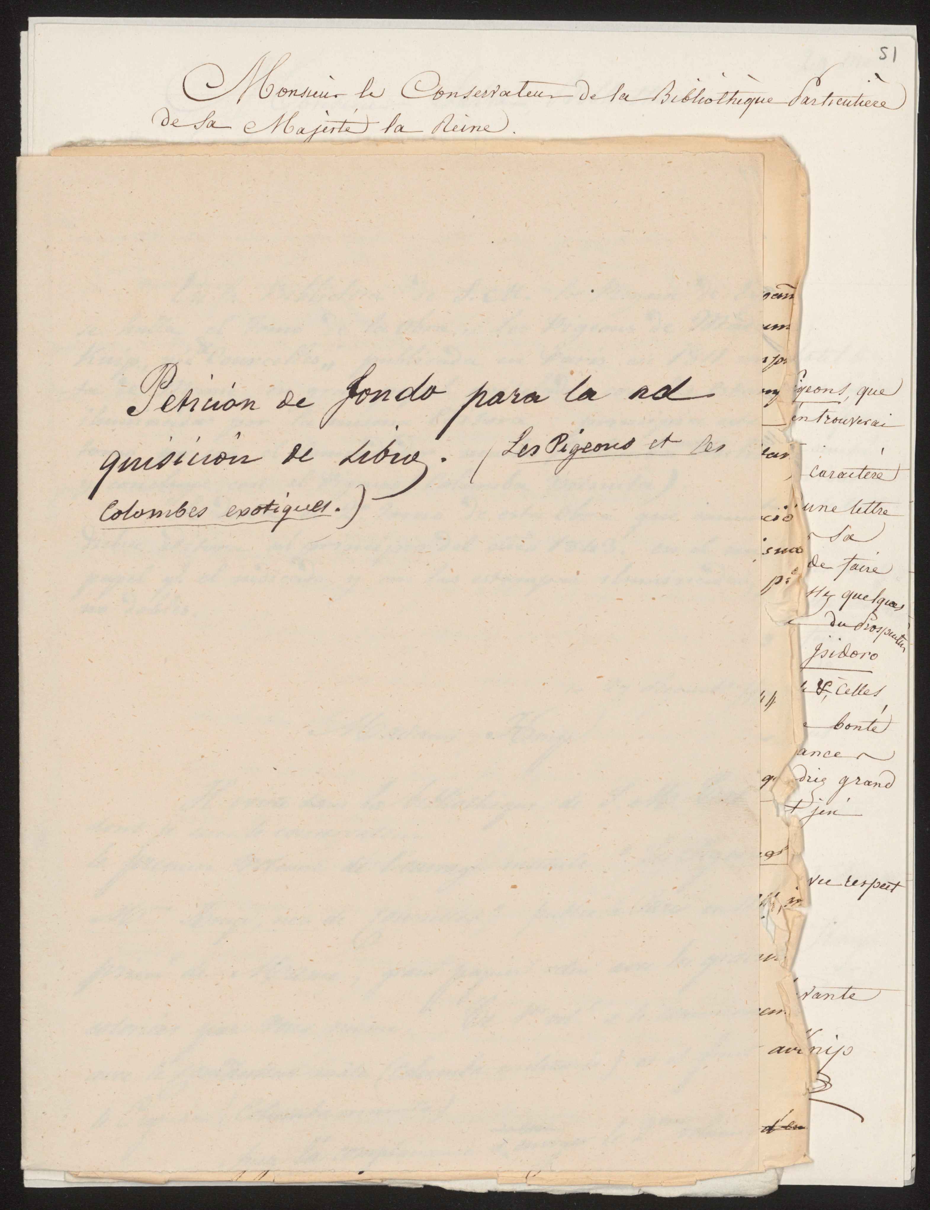 Expediente sobre la "Petición de fondo para adquisición de libro Les Pigeons et les colombes exotiques" de Pauline de Courcelles (ARB/4, CARP/6)