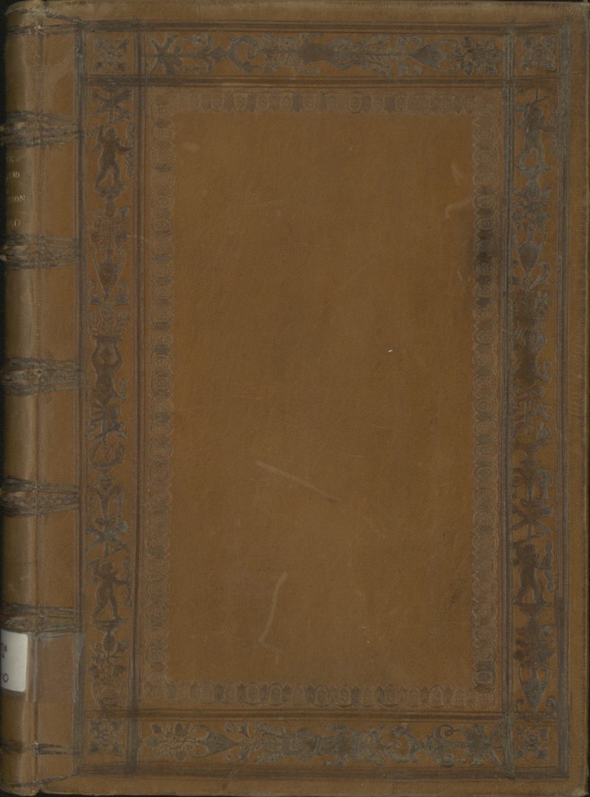 Encuadernación del s. XX alegórica en piel marrón de Victorio Arias. La orla exterior representa una sucesión de indígenas, jarrones y lucernas. (Sig.: VI/B/470)